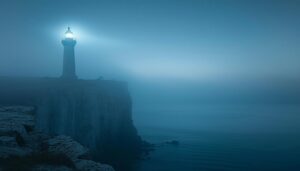Lighthouse shining light through fog over calm sea, symbolizing guidance in financial planning.