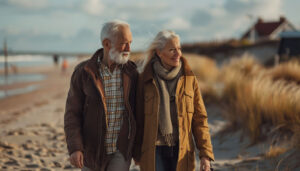 A mature couple walking along a beach at sunset, representing a happy and secure retirement.